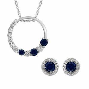 Sterling Silver Simulated Sapphire & CZ Necklace &Earring Set - 18"